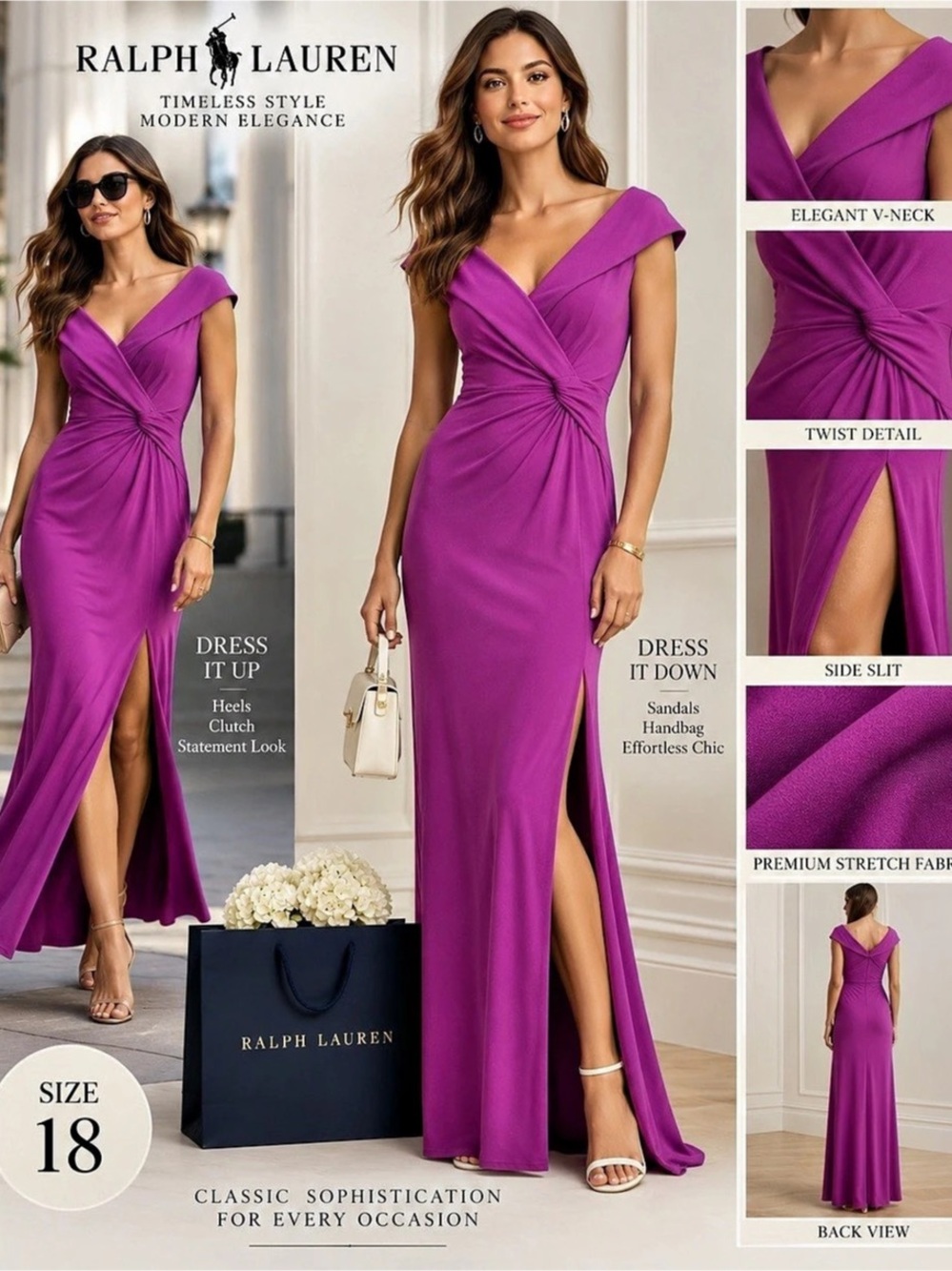 Ralph Lauren Twist-Front Cap-Sleeve Maxi Gown Purple Size 18